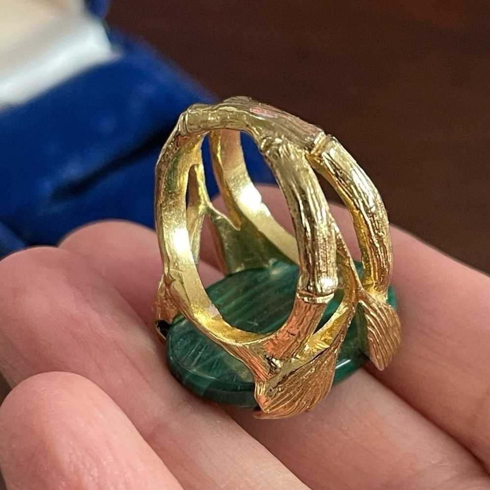 Natural malachite bamboo design gold tone ring - image 5