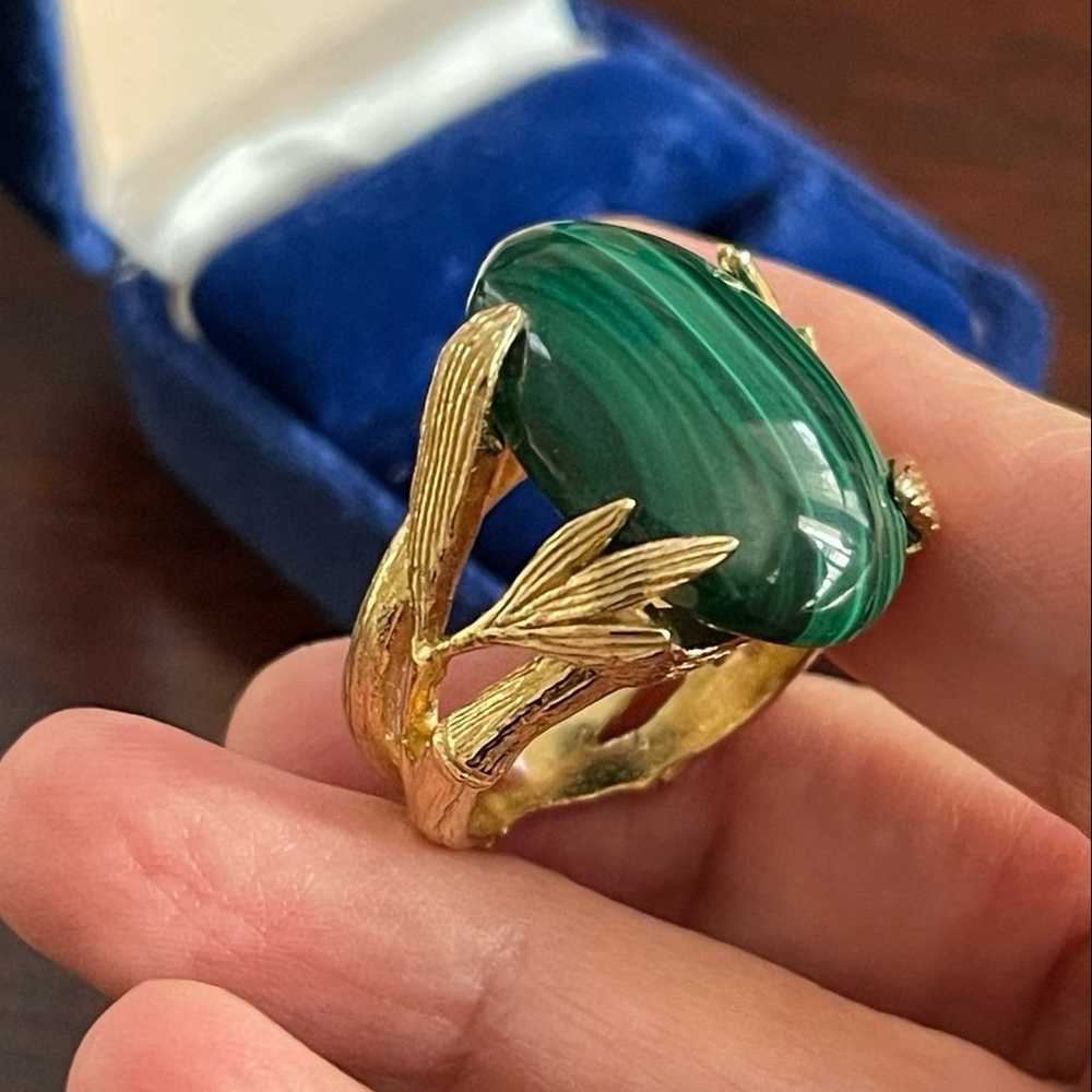 Natural malachite bamboo design gold tone ring - image 6