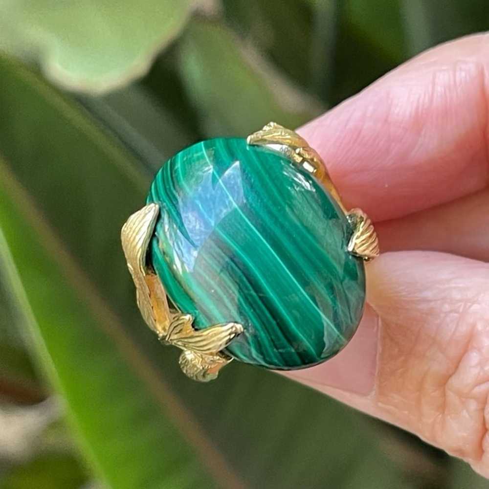 Natural malachite bamboo design gold tone ring - image 9