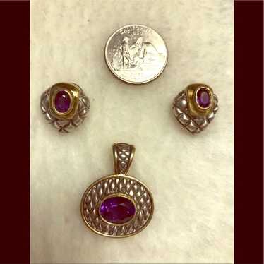 Amethyst Pendant & Earrings 18k Gold Vintage 1980'