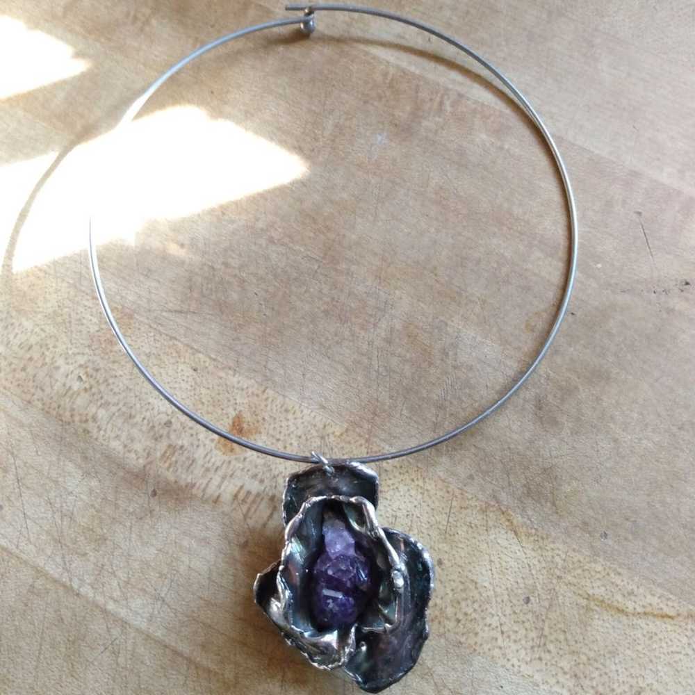 Vintage silver & Amethyst necklace signed Victor … - image 2