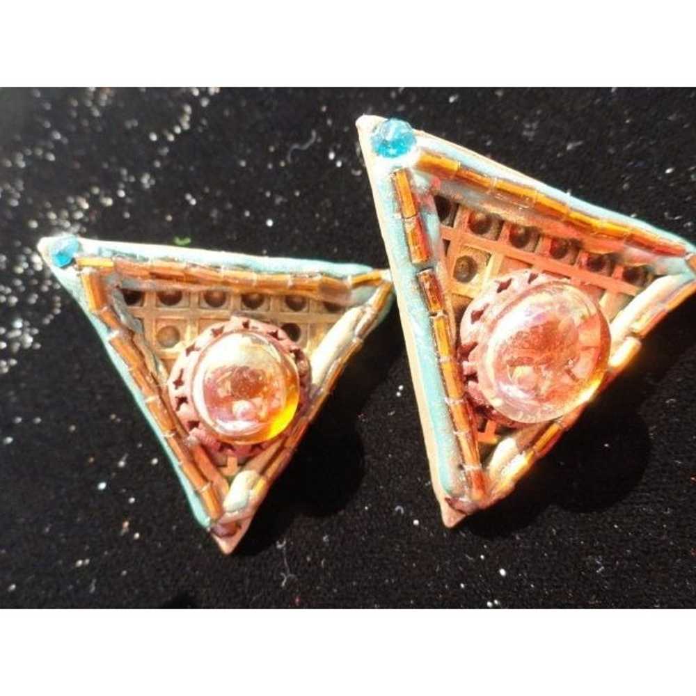 Vtg 1980's Handmade Resin Triangle Earrings Amber… - image 4