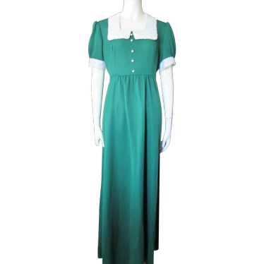 SALE Sweet 1970 Era Emerald Green Maxi Dress White