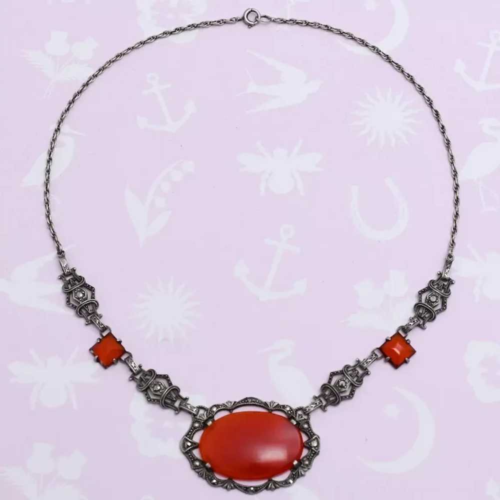 Vtg 1930s Art Deco Natural Carnelian Marcasite St… - image 3