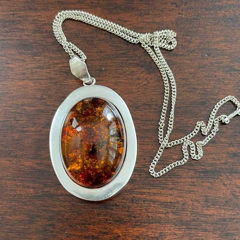 Huge oval cabochon Baltic honey amber sterling si… - image 10