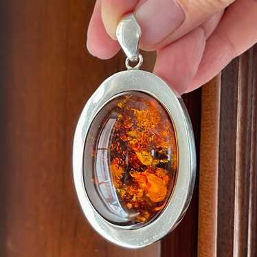 Huge oval cabochon Baltic honey amber sterling si… - image 1