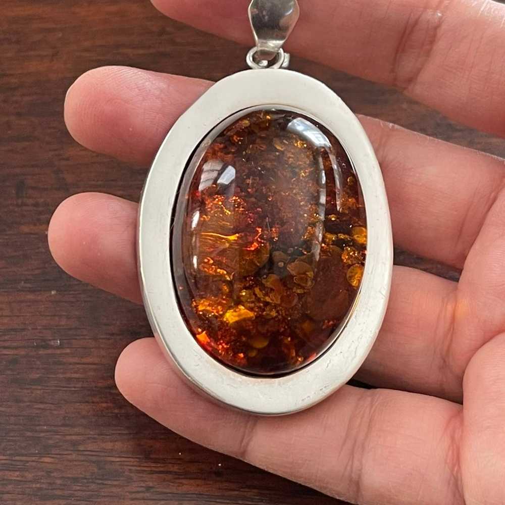 Huge oval cabochon Baltic honey amber sterling si… - image 3