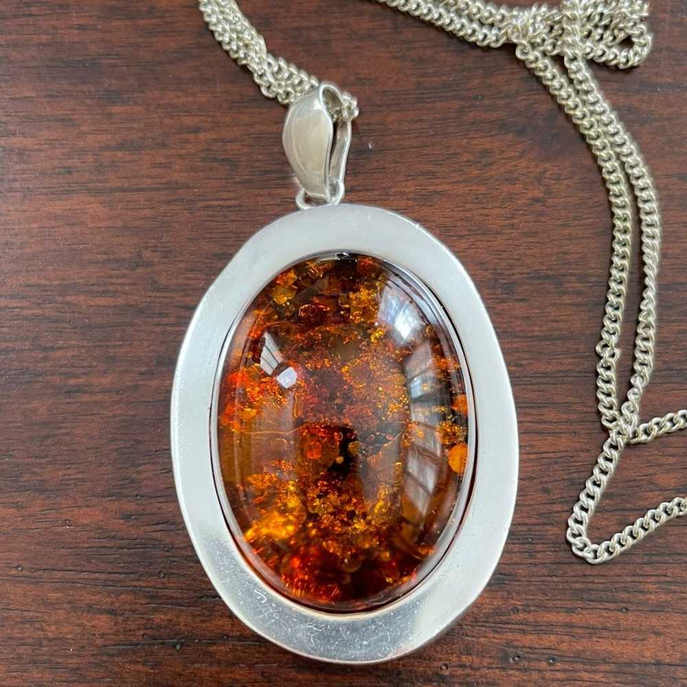 Huge oval cabochon Baltic honey amber sterling si… - image 9