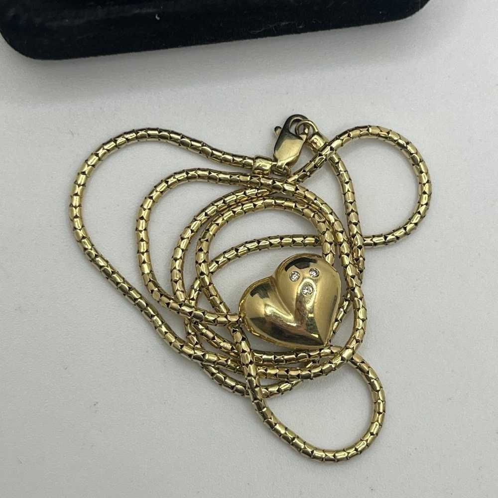 14K Gold Puffy Heart Diamond Charm Pendant Chain … - image 2