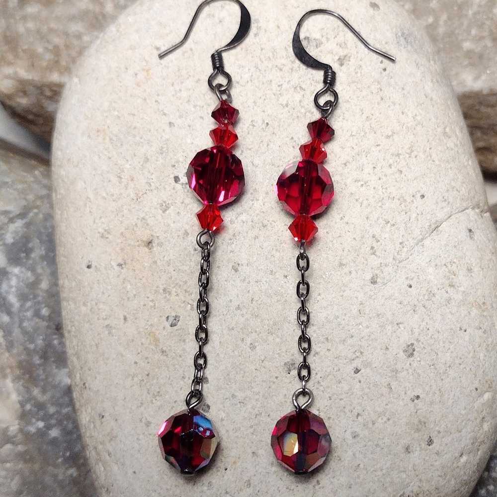 Vintage Red Crystal AB Dangle Drop Earrings - image 1