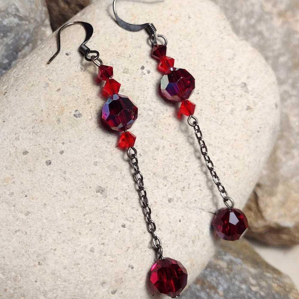 Vintage Red Crystal AB Dangle Drop Earrings - image 2