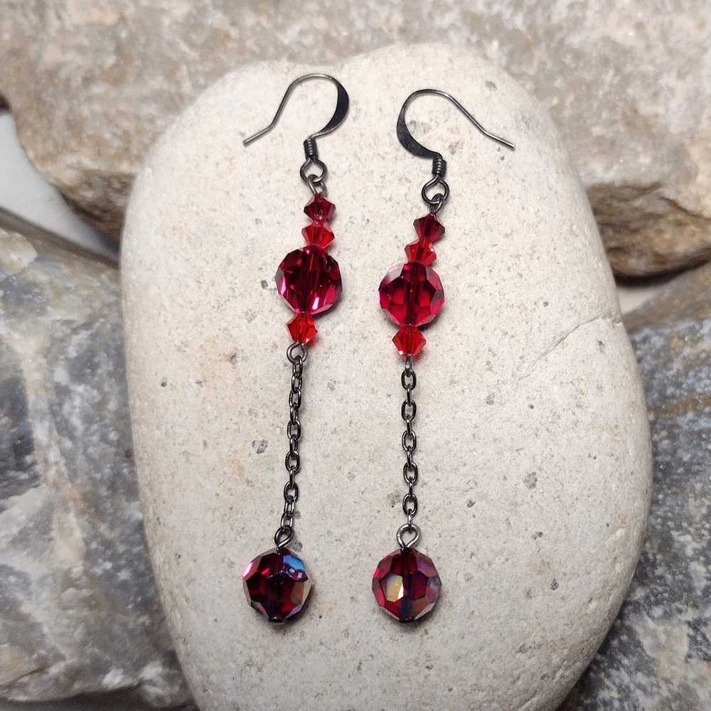 Vintage Red Crystal AB Dangle Drop Earrings - image 4