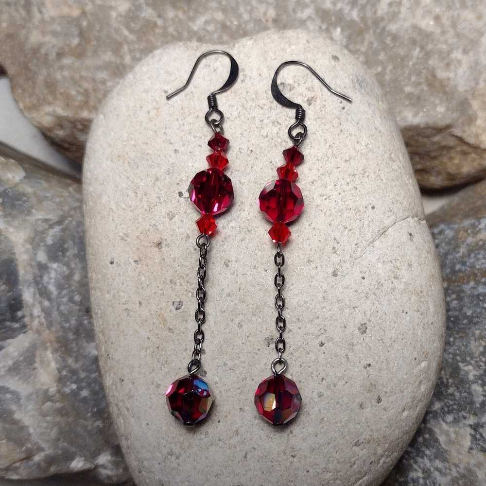 Vintage Red Crystal AB Dangle Drop Earrings - image 6