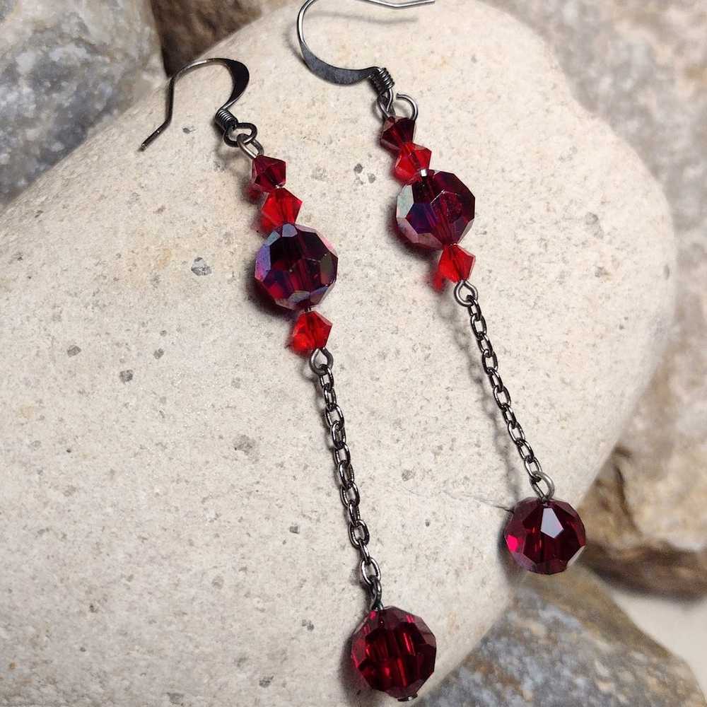 Vintage Red Crystal AB Dangle Drop Earrings - image 7