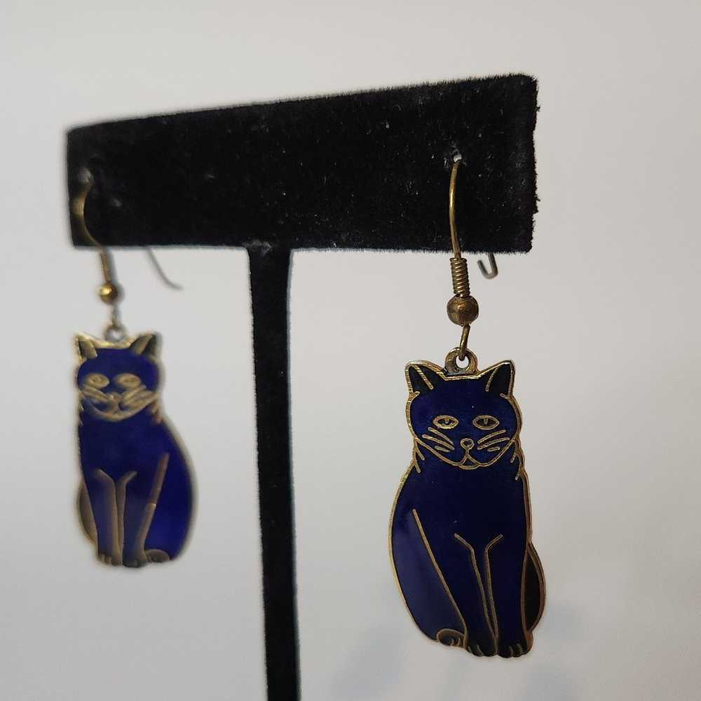 Blue Cat | Vintage Wire Hook Earrings - image 3