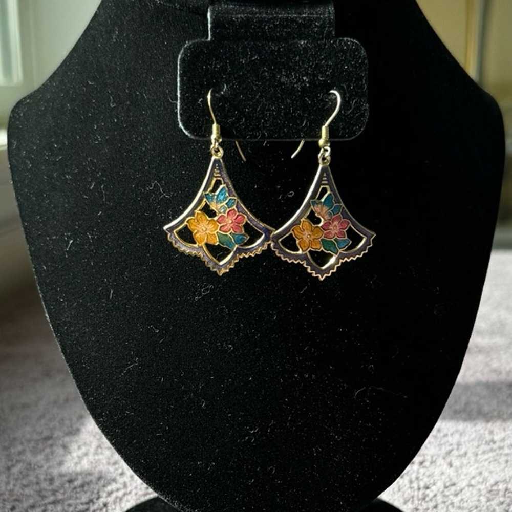 Cloisonné Enamel Butterfly & Flower Dangle Earrin… - image 1