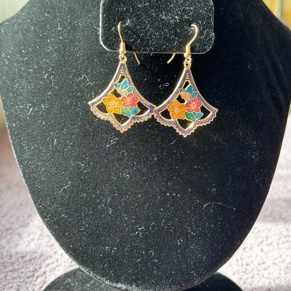 Cloisonné Enamel Butterfly & Flower Dangle Earrin… - image 2