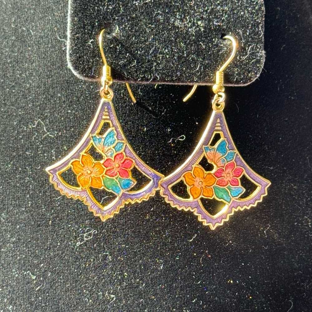 Cloisonné Enamel Butterfly & Flower Dangle Earrin… - image 3