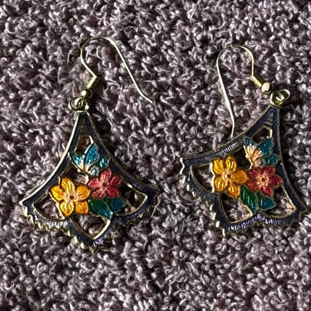 Cloisonné Enamel Butterfly & Flower Dangle Earrin… - image 4