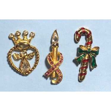 3 Vintage Signed AVON Christmas Pins,Candle,Angel… - image 1