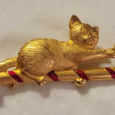 Vintage JJ Cat  and mouse on a Candycane Brooch C… - image 1