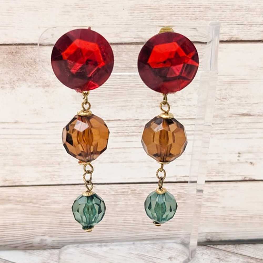 Vintage Clip On Earrings Red Tone, Amber Tone, Gr… - image 1