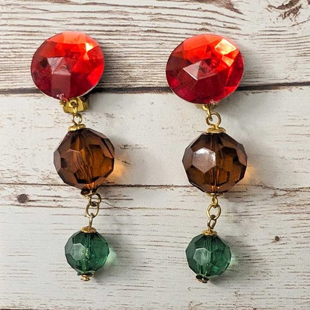 Vintage Clip On Earrings Red Tone, Amber Tone, Gr… - image 2