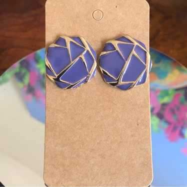 Vintage purple enamel geometric shape pierced ear… - image 1