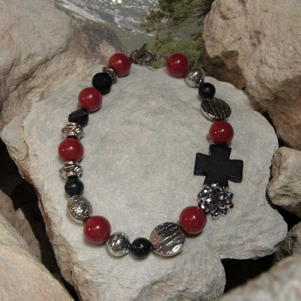 Women's Artisan Chunky Red Black Silver Mixed Bea… - image 6