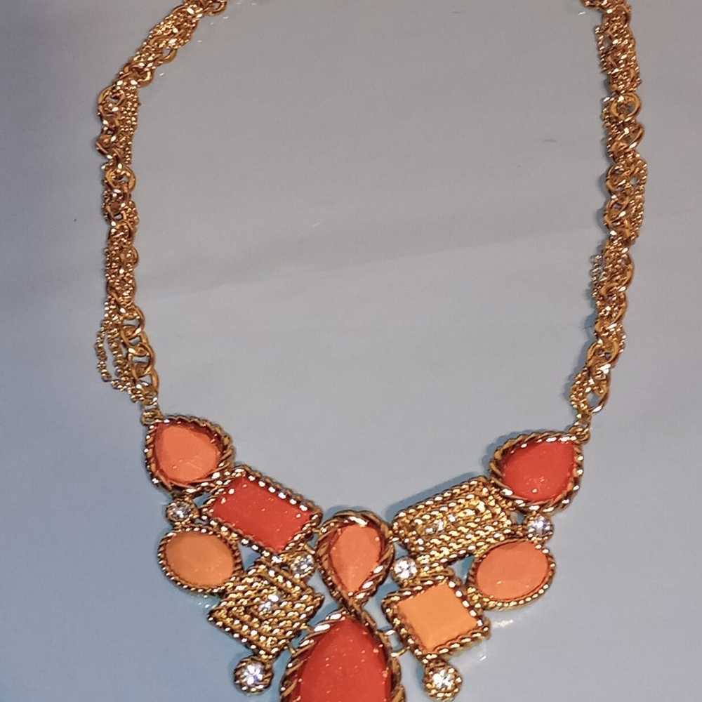 Orange Gold Bib Statement  Necklace 19" Vintage - image 2