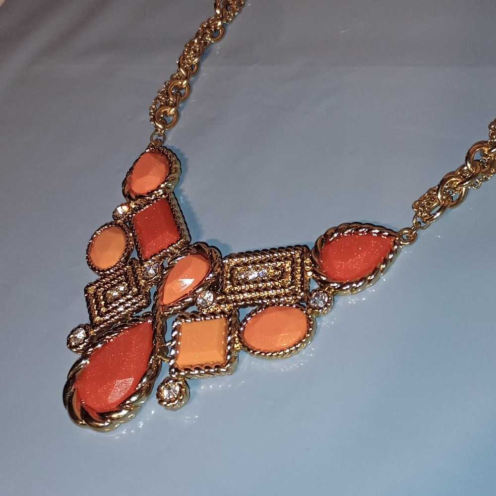 Orange Gold Bib Statement  Necklace 19" Vintage - image 3