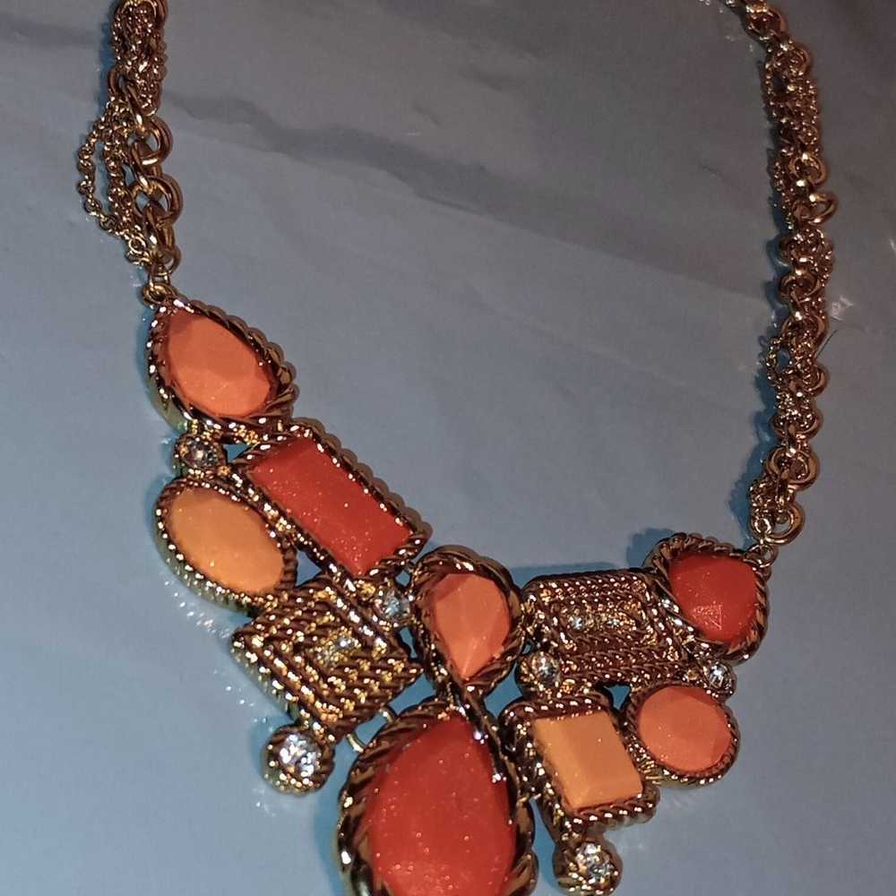 Orange Gold Bib Statement  Necklace 19" Vintage - image 6