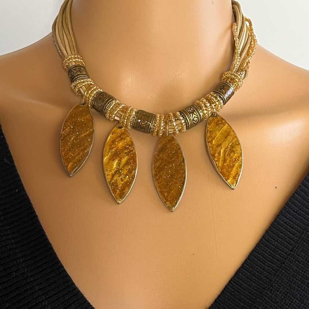 Vintage 90s Beaded gold tone corded statement nec… - image 1