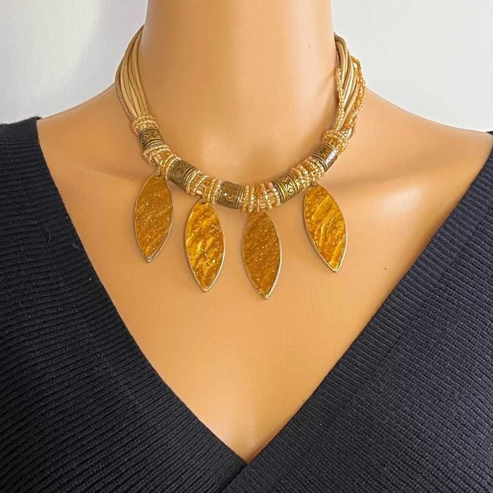 Vintage 90s Beaded gold tone corded statement nec… - image 2