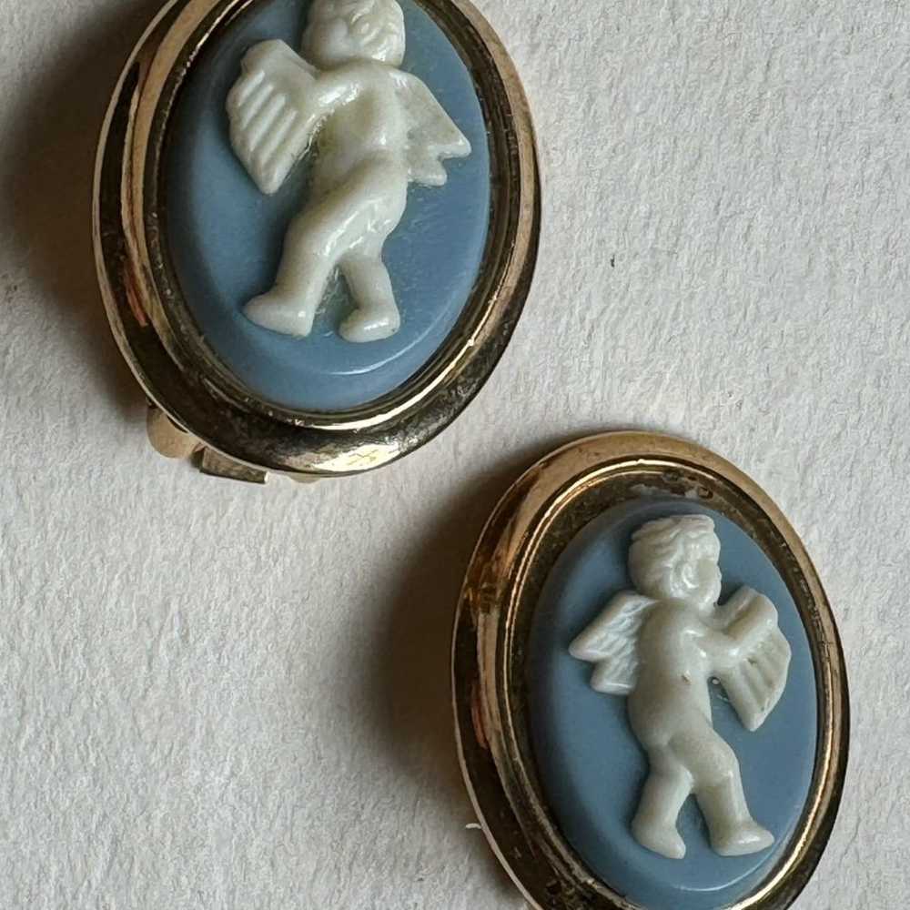 Vintage Oval Clip-On Earrings Feat. White Cherub … - image 1