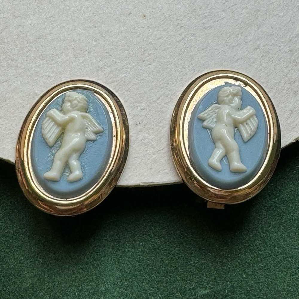 Vintage Oval Clip-On Earrings Feat. White Cherub … - image 2