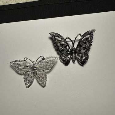 Rhinestone Butterfly Insect Lot Of 2 Brooch Pins - image 1