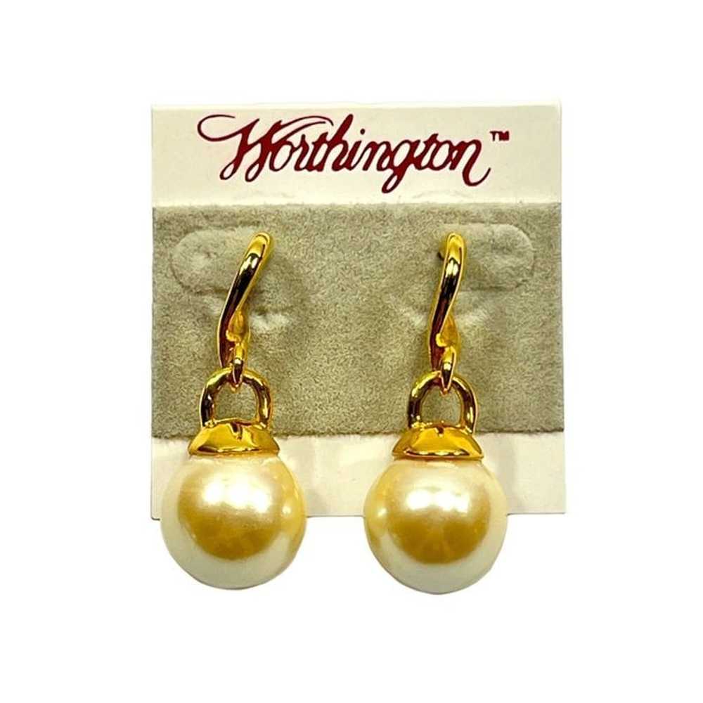 Statement Earrings Gold Tone Faux Pearl Dangle Wo… - image 1