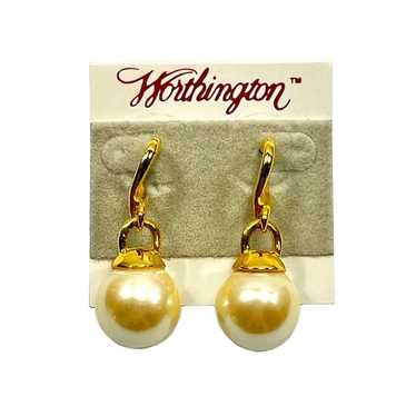 Statement Earrings Gold Tone Faux Pearl Dangle Wo… - image 1