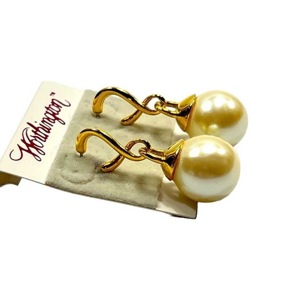 Statement Earrings Gold Tone Faux Pearl Dangle Wo… - image 2