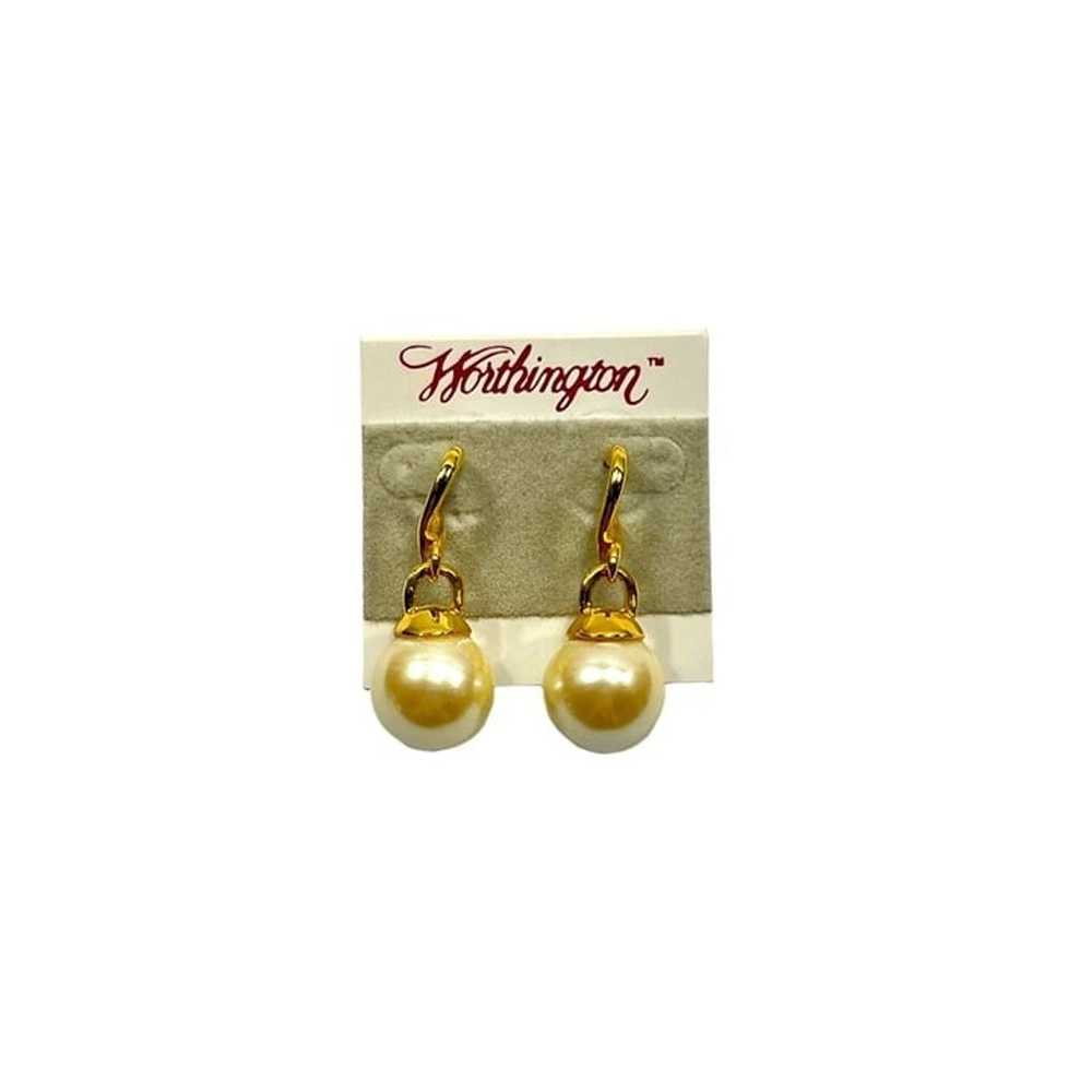 Statement Earrings Gold Tone Faux Pearl Dangle Wo… - image 5