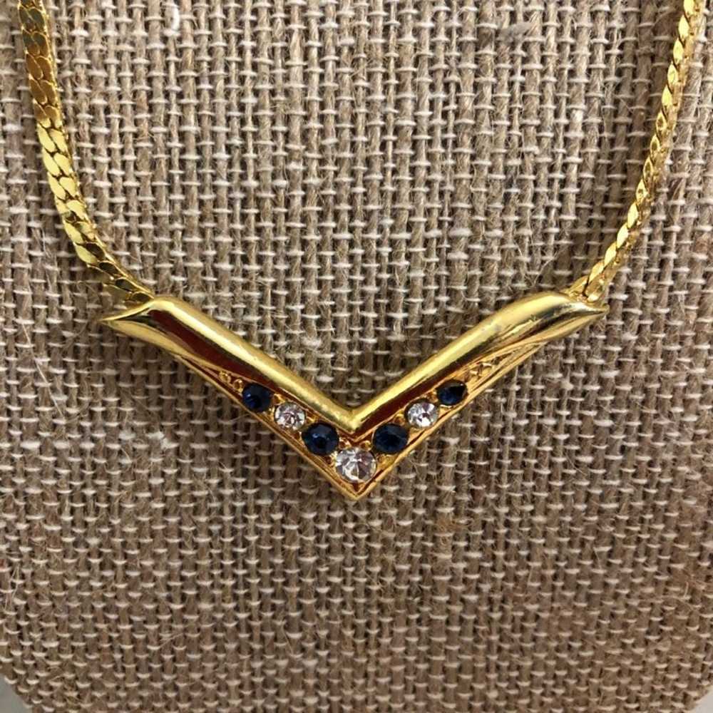 Vintage Unbranded Sapphire & Clear Gold V-Necklac… - image 2