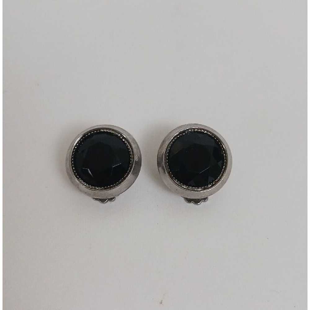 Vintage Silvertone Black Onyx Clip-On Earrings Un… - image 1