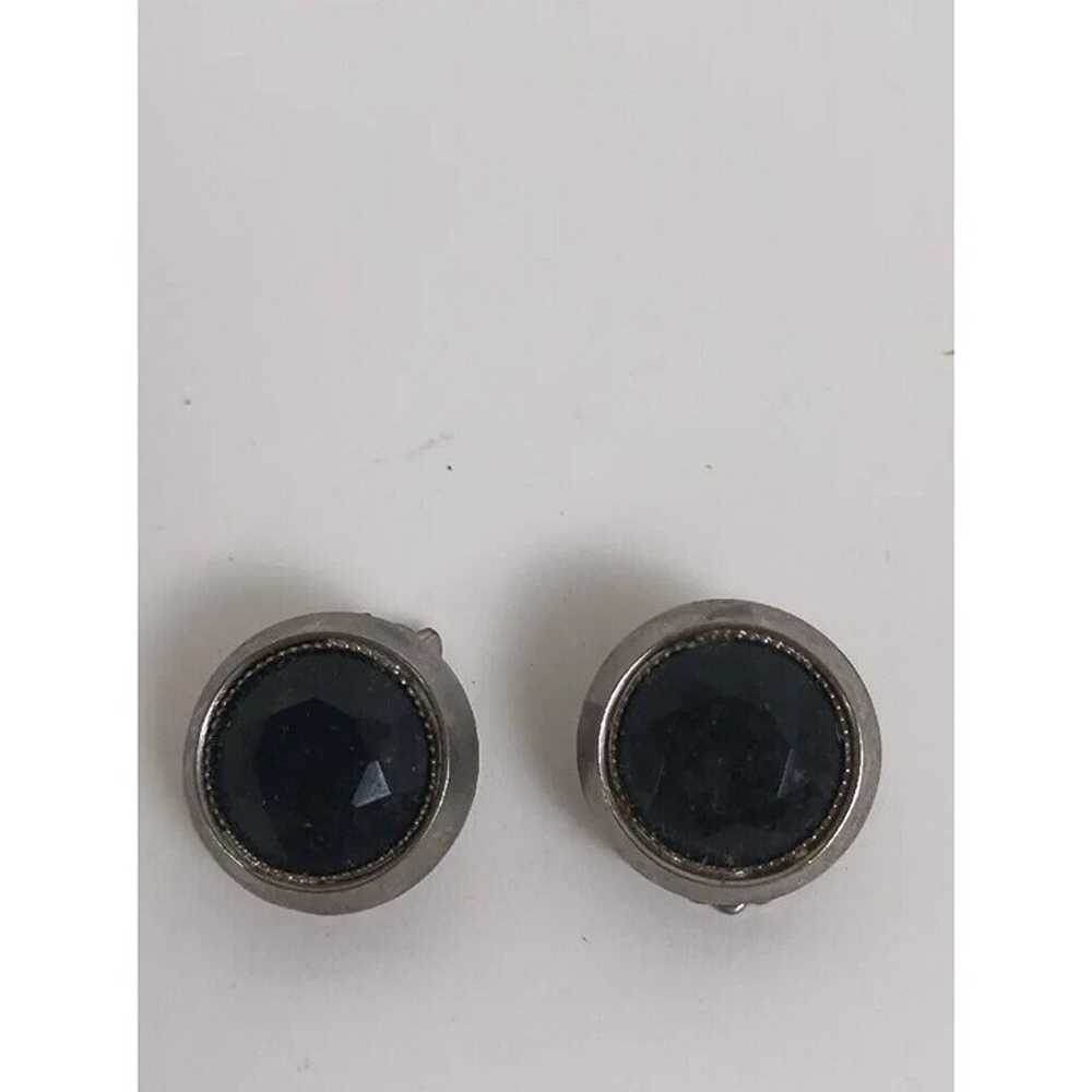 Vintage Silvertone Black Onyx Clip-On Earrings Un… - image 2