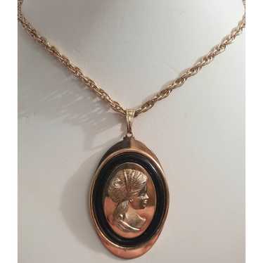 Vintage Black And Gold Cameo Pendant Necklace Fro… - image 1