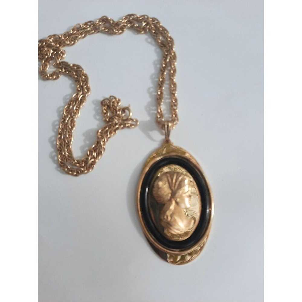 Vintage Black And Gold Cameo Pendant Necklace Fro… - image 2