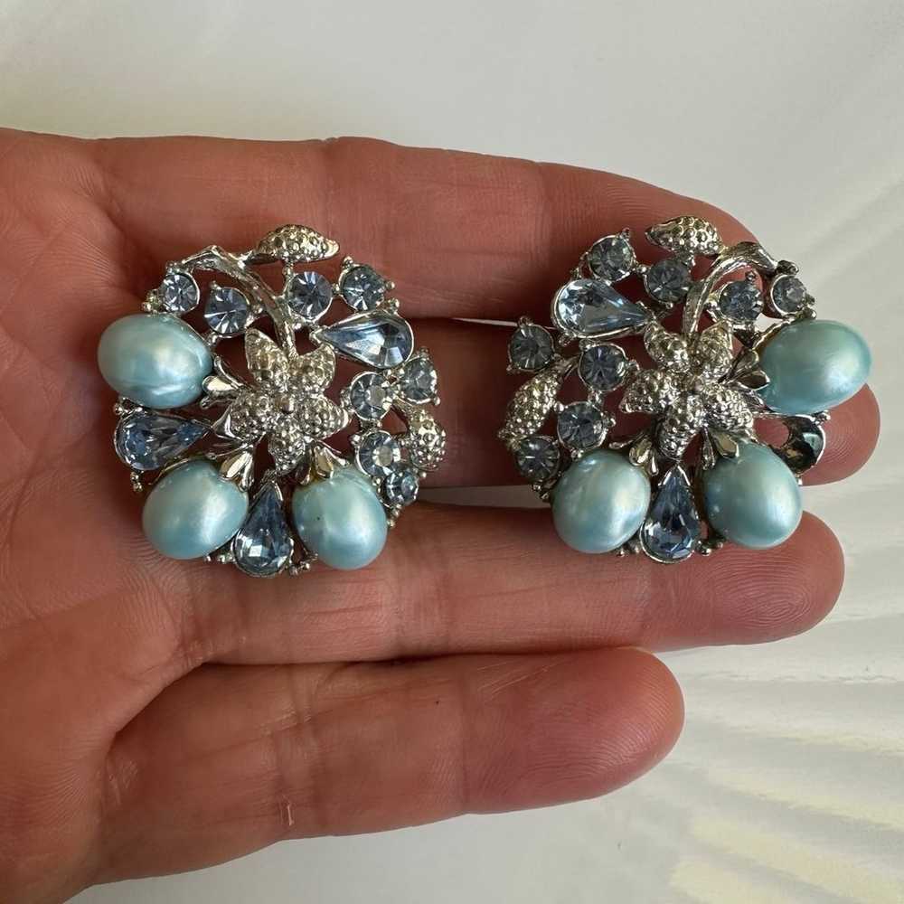 Signed star vintage Blue  Rhinestone and Bead Sil… - image 3