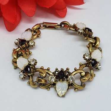 Vintage White Lucite Leaf Link Bracelet Red Heart… - image 1