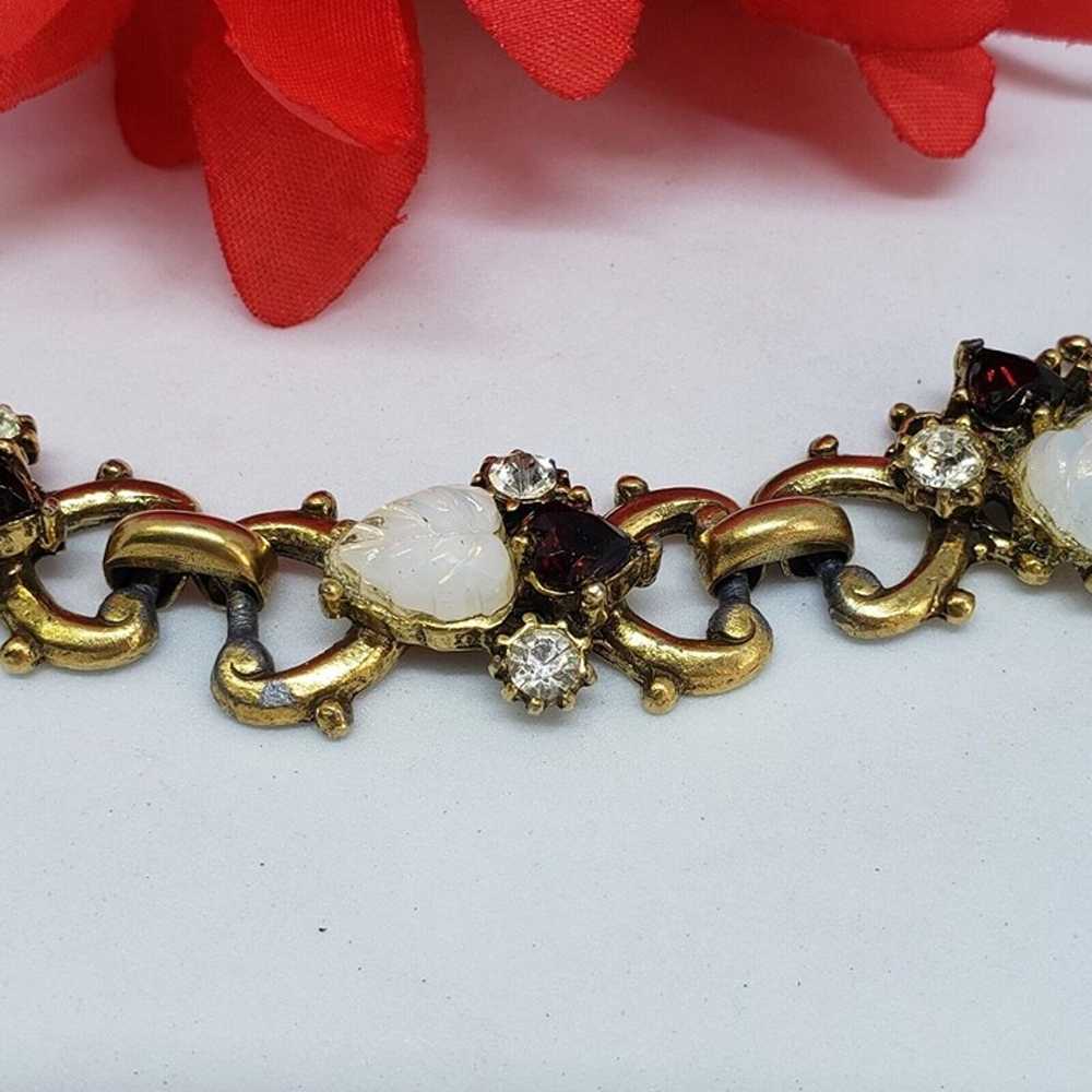 Vintage White Lucite Leaf Link Bracelet Red Heart… - image 3