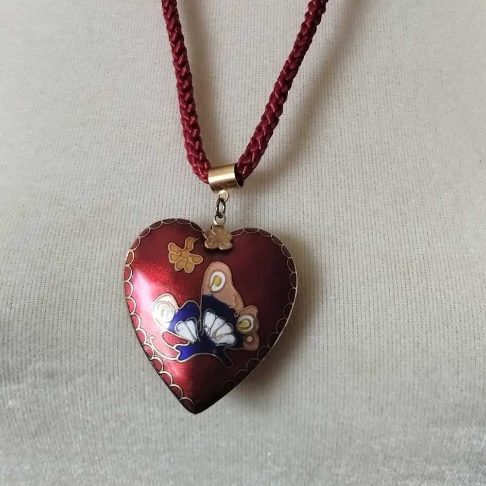 Vintage Red Cloisonné Puffy Heart Pendant Red Bra… - image 1